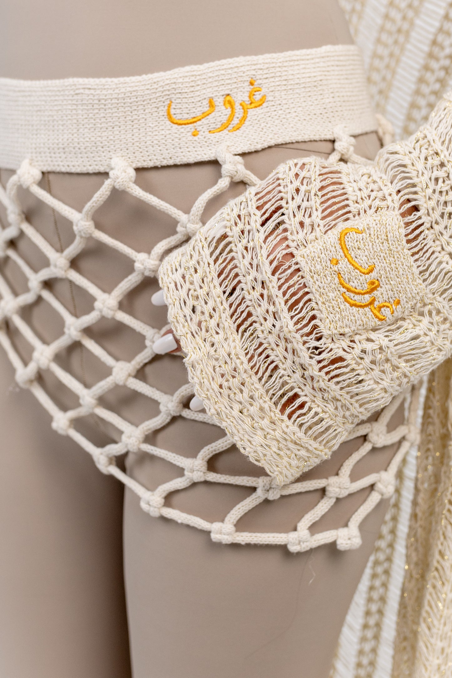 Ghoroub Complete Look in Off-white with Gold, embroidery detail