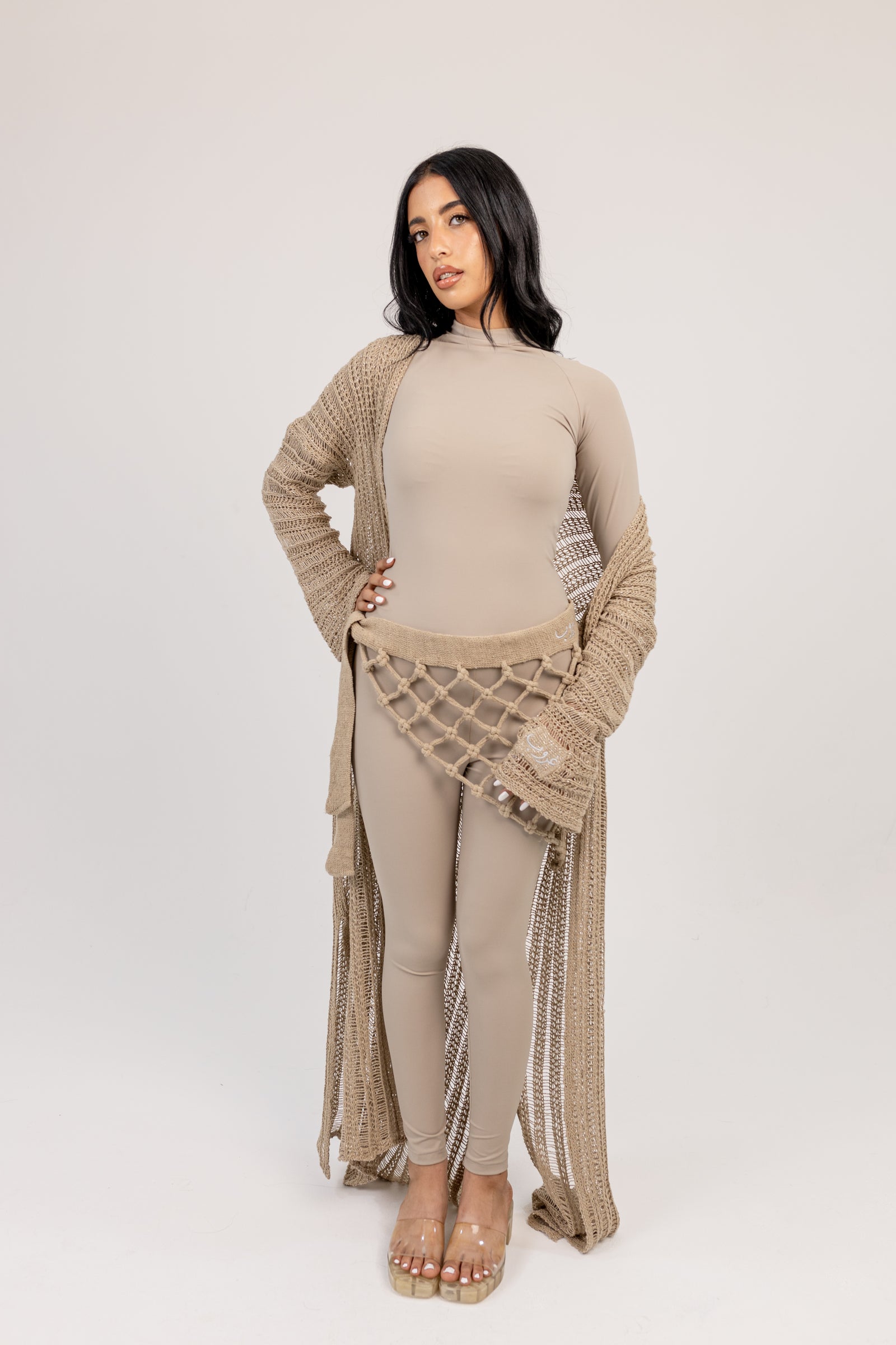 Ghoroub Complete Look in Dusk Beige · Silver, styled front view