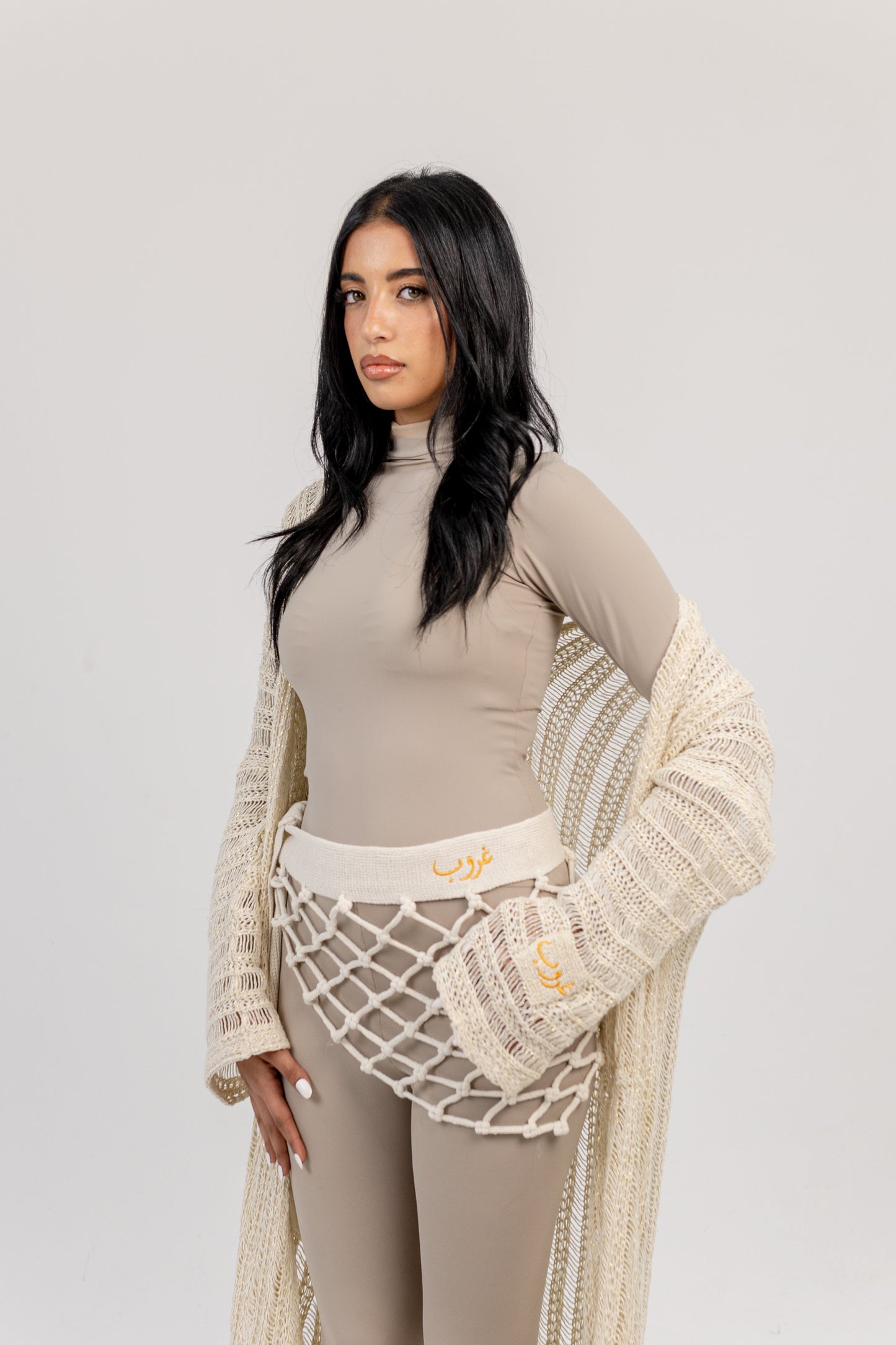 Ghoroub Complete Look in Off-white with Gold, styled front view