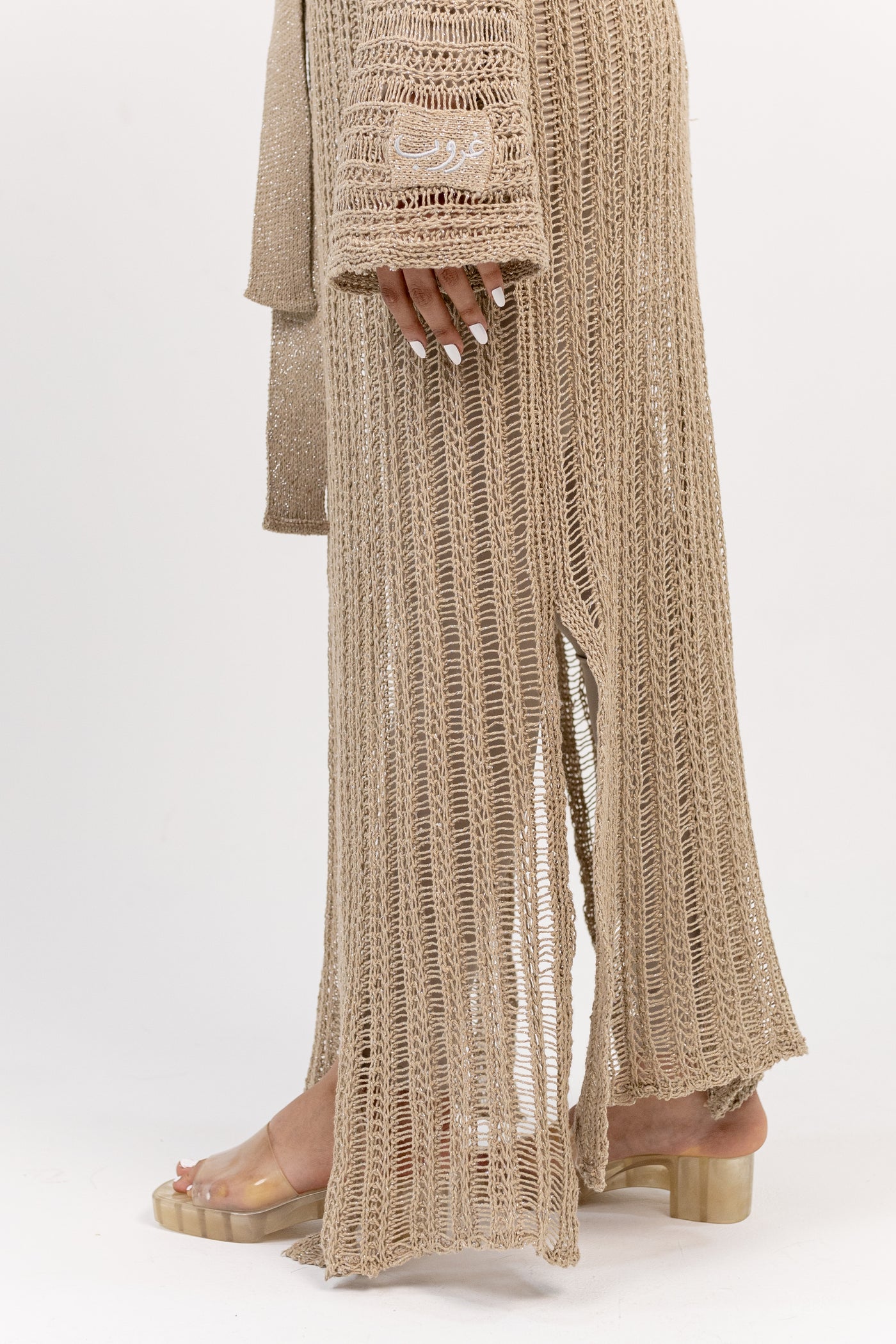 Ghoroub Cardigan in Dusk Beige · Silver, lower drape and open-knit detail