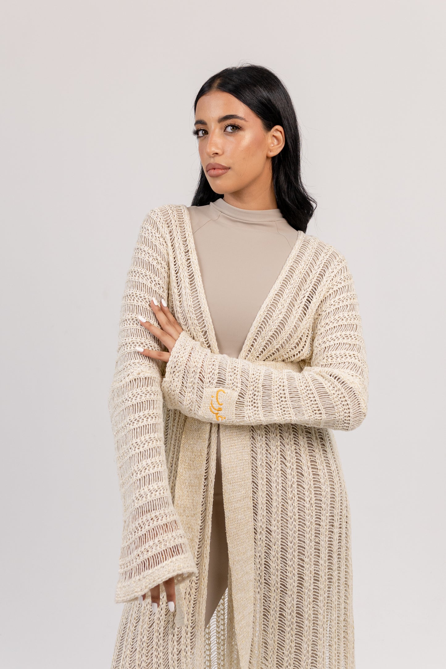Ghoroub Coverup in Off-white with Gold, upper-body and sleeve detail