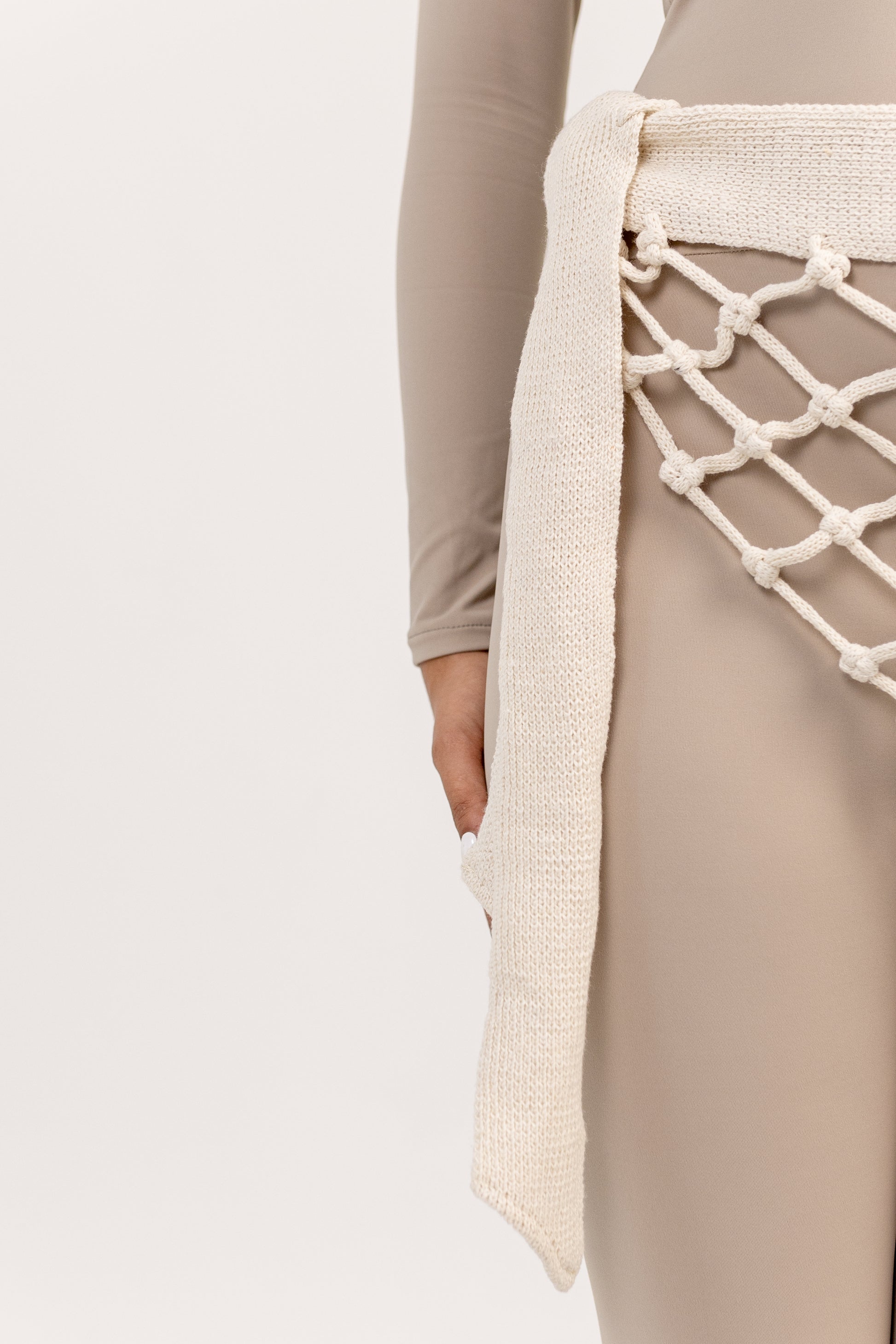 Ghoroub Waist Wrap in Off-white, tie and side-construction detail